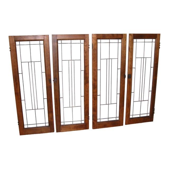 Antique Arts + Crafts Mission 1913 Leaded Glass Fireplace Cabinet Ash Wood Doors - Set of 4 For Sale