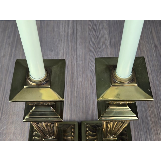 Pair Stiffel Brass Column Faux Candlestick Table Buffet Lamps For Sale - Image 10 of 17