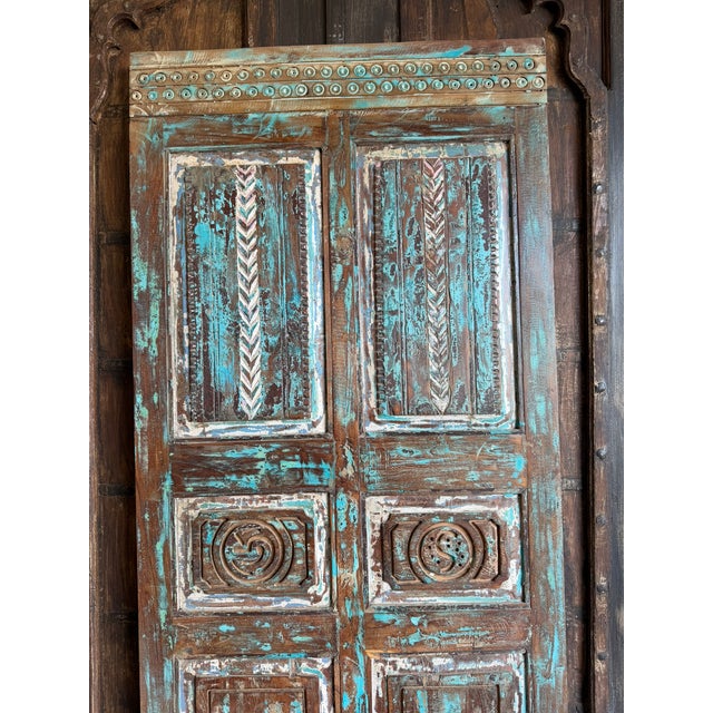 1920s Antique Hand-Carved Blue Barn Door | Rustic Farmhouse Vintage Architectural Door 80x34.5 For Sale - Image 5 of 7