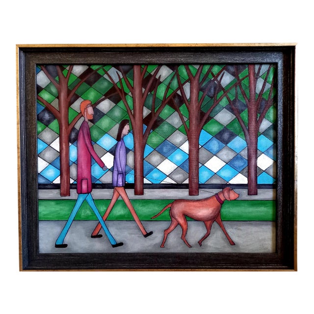 "Dog Walkers" Contemporary Figurative Abstract Painting by Christopher Barrow, Framed For Sale