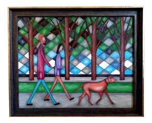 "Dog Walkers" Contemporary Figurative Abstract Painting by Christopher Barrow, Framed