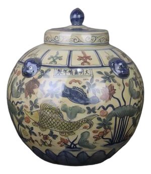 Chinese Vintage Ceramic Pot,Ming Dynasty Jiajing Marked Blue and White Doucai Porcelain Lid Jar Hand Painted Lotus and Fish Pattern