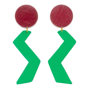 Kaso Lucite Pair of Dangle Clip Earrings Green and Red ZigZag