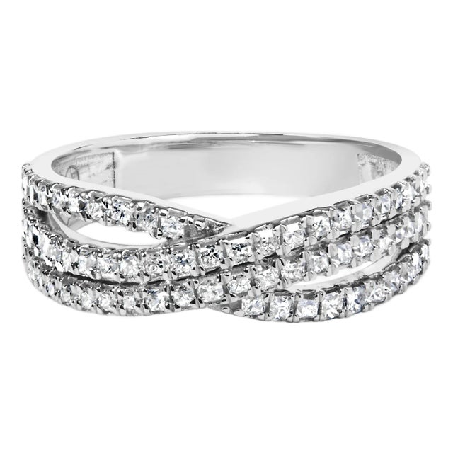 10K White Gold 3/4 Cttw Princess Natural Diamond Split Shank and Weave Band Ring (H-I Color, SI1-SI2 Clarity) - Ring Size 6 For Sale
