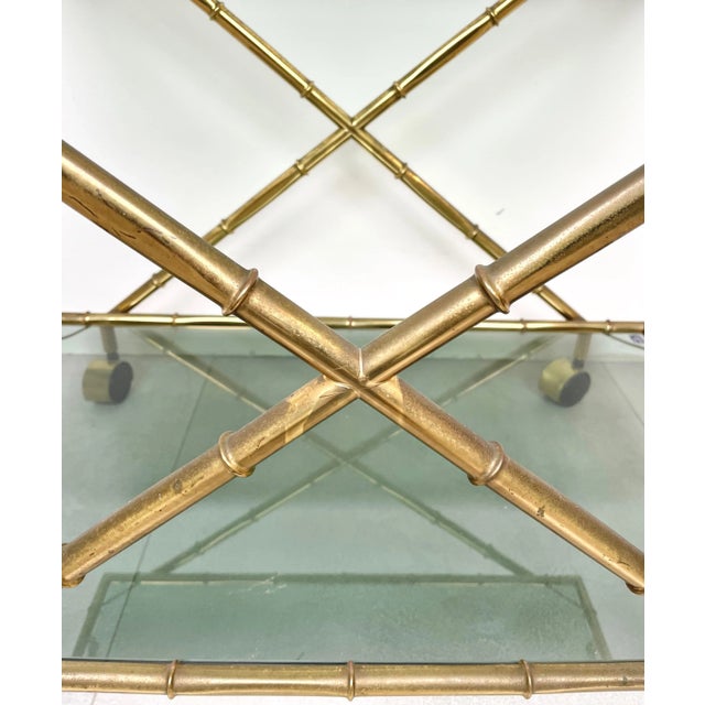 Faux Bamboo Brass & Smoked Glass Serving Cart from Rue Royale, France, 1960s For Sale - Image 14 of 18