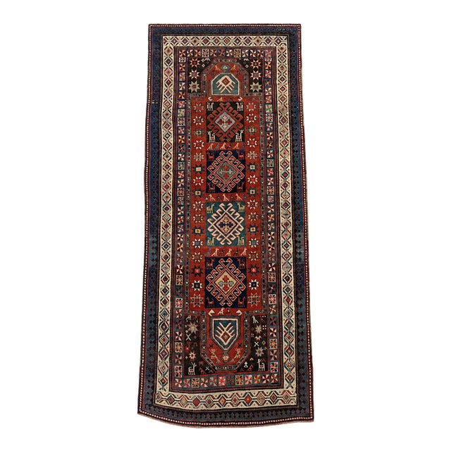 Rare Antique Kazak Runner | Tribal Medallions & Animal Motifs | 3x8 For Sale