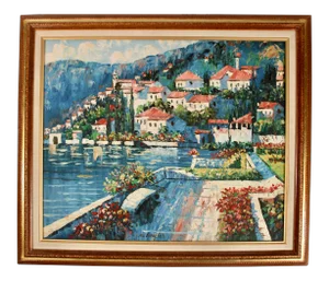 Mid Century Mediterranean Seascape Original Oil Painting
