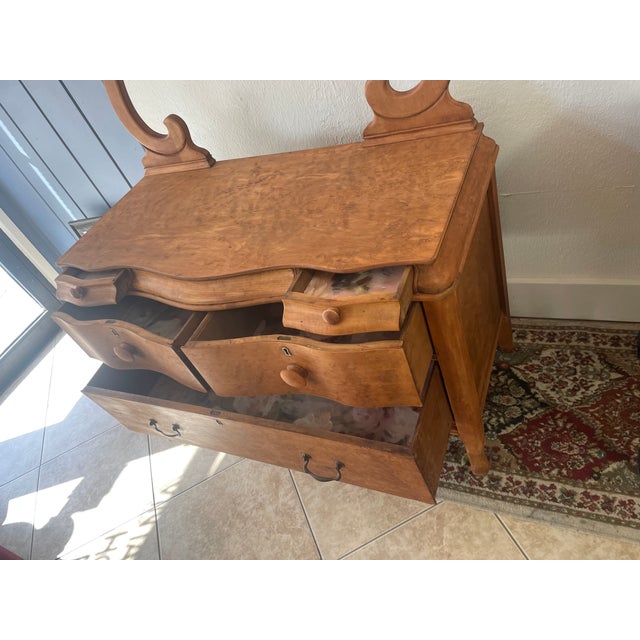 Burnt Umber Antique Victorian Walnut Dresser With Swan-Neck Mirror Serpentine Front For Sale - Image 8 of 9