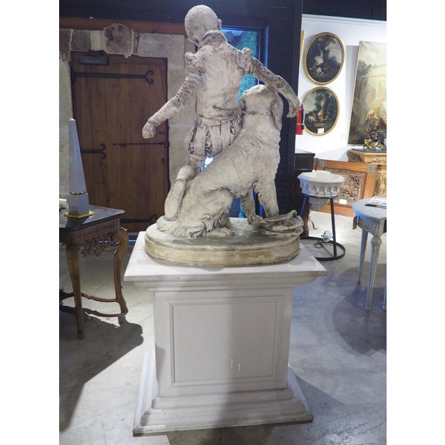 Signed Antique French Plaster Sculpture, a Renaissance Boy and His Dog, C. 1880 For Sale - Image 11 of 18