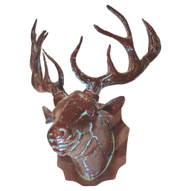 Rustic Vintage Wall Mounted Patinated Copper Elk Bust For Sale - Image 3 of 5