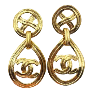 Chanel Vintage Gold Plated Round Cross CC Tear Drop Clip on Earrings - 2 Pieces