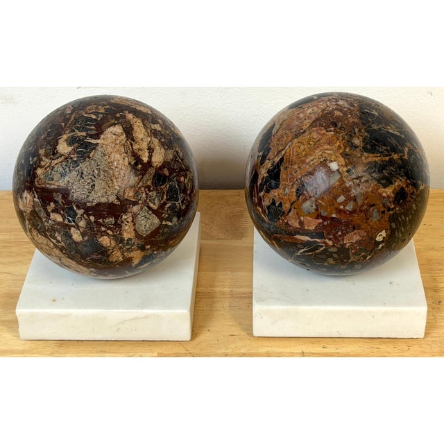 Stone Pair Italian Grand Tour Style Brecciated Specimen Marble Spheres Carrara Bases For Sale - Image 7 of 14