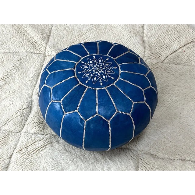 Blue Contemporary Moroccan Leather Pouf Ottoman Cover For Sale - Image 8 of 8