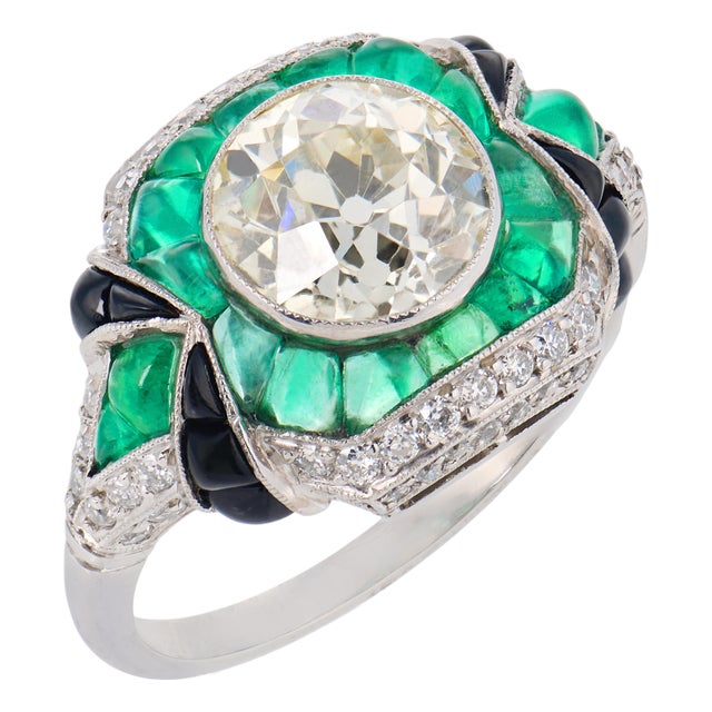 Art Deco Style 2.05 Carat Diamond Emerald Onyx Platinum Engagement Ring, Size 6 For Sale