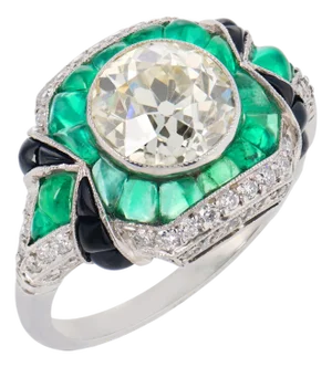 Art Deco Style 2.05 Carat Diamond Emerald Onyx Platinum Engagement Ring, Size 6