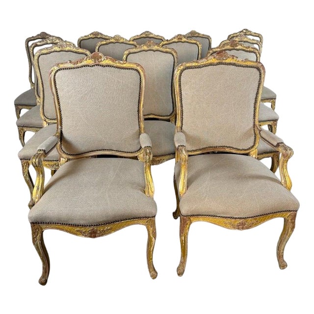 Set of 14 French Louis XV Style Distressed Dining Chairs With Linen For Sale