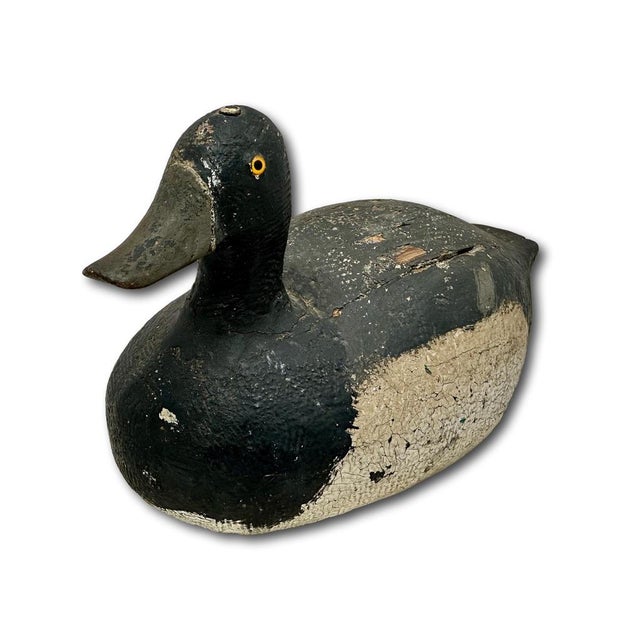 Very Nice Large Size Antique American Hand Carved & Painted Wood Duck Hunters Working Decoy With Glass Eyes For Sale - Image 10 of 18