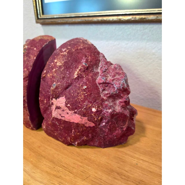 Contemporary Large Pink Agate Geode Bookends, Polished Natural Stone Crystal Pair With Sculptural Form For Sale - Image 3 of 9