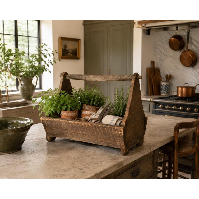 A beautifully handcrafted mid-19th century pine garden trug, hand hewn and assembled with traditional wooden peg...
