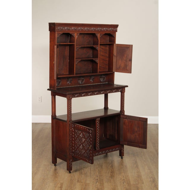 Brown Vintage Moroccan Carved Hard Wood Two-Piece Server Cabinet For Sale - Image 8 of 12