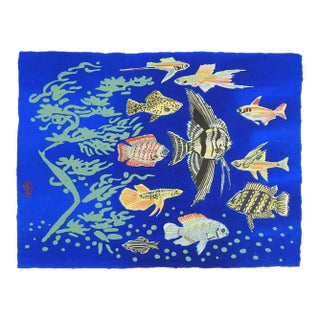 Mid 20th Century Japanese Mingei Folk Art Stencil Fish Print For Sale
