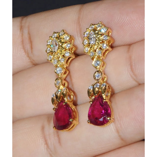 Red Certified Natural 5.86CTS VS F Diamond Rubellite Tourmaline Dangle Earrings, A Pair For Sale - Image 8 of 10