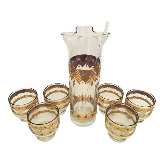 Mid-Century Modern Culver King’s Rowe Cocktail Set With Pitcher and Six Glasses- 8 Pieces For Sale