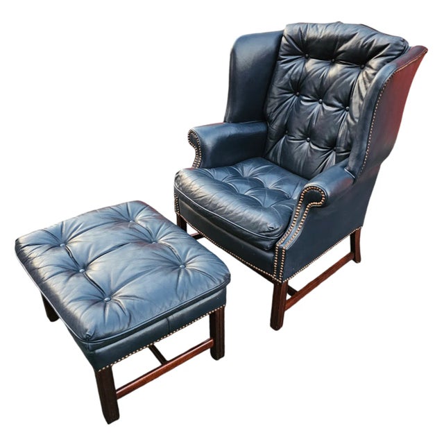 English Vintage Blue Tufted Leather Wing Chair and Ottoman by Classic Leather For Sale - Image 3 of 10
