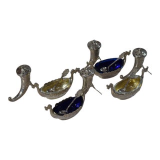 Vintage Norwegian Sterling Silver Viking Ship Salt & Horn Pepper Shakers With Spoons- 16 Pieces For Sale