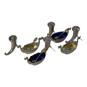 Vintage Norwegian Sterling Silver Viking Ship Salt & Horn Pepper Shakers With Spoons- 16 Pieces