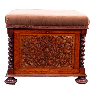 Antique English Victorian Rosewood Upholstered Piano Stool / Ottoman With Storage For Sale