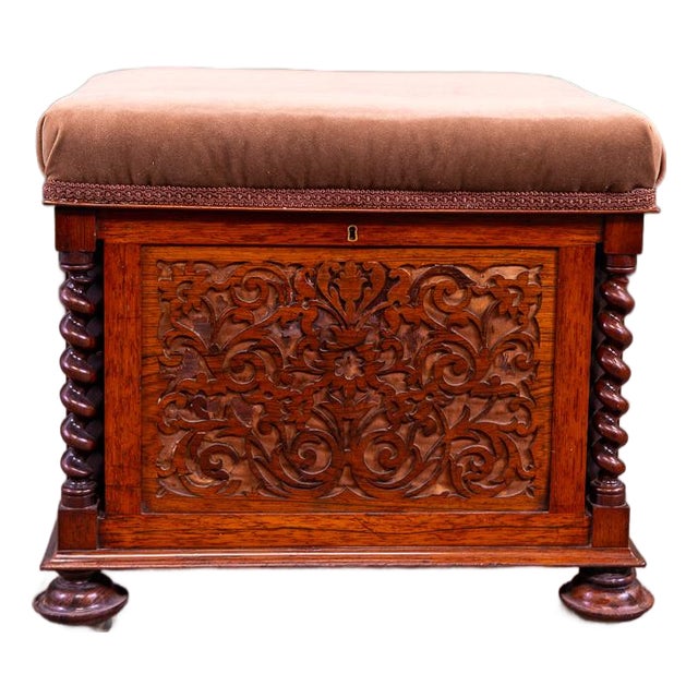 Antique English Victorian Rosewood Upholstered Piano Stool / Ottoman With Storage For Sale