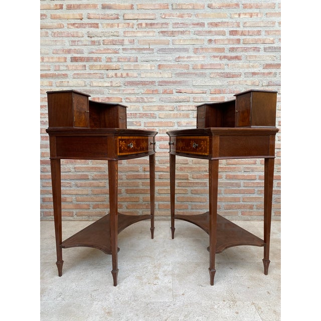 1940s Pair of Neoclassical Marquetry Bedside Tables With Drawers and Upper Compartment For Sale - Image 18 of 18