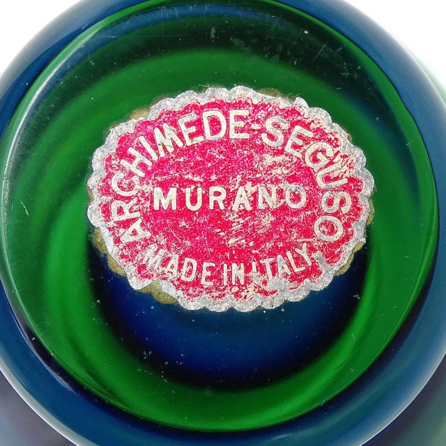 Mid 20th Century Seguso Murano Vintage Sommerso Blue Green Italian Art Glass Perfume Bottle With Original Label For Sale - Image 5 of 5