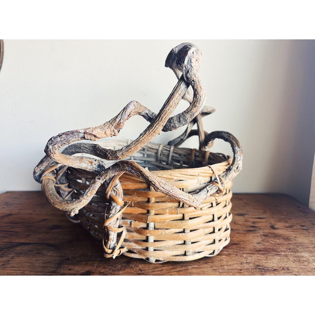 Rustic Vintage Twig Handle Basket Woven Oval For Sale - Image 3 of 12