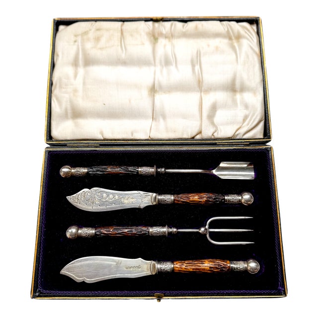 1897 James Ernest & Sons Victorian Sterling Silver Stag Antler Carving Set, Hallmarked Sheffield- 4 Pieces For Sale