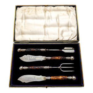1897 James Ernest & Sons Victorian Sterling Silver Stag Antler Carving Set, Hallmarked Sheffield- 4 Pieces