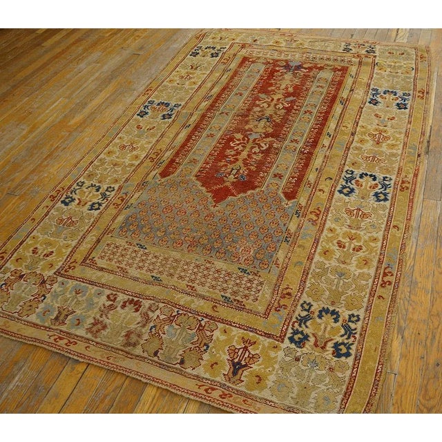 Art Deco 1750s Red Muslim Prayer Geometric AntiqueTurkish Kula Rug 4' 0" X 6' 4" Knotted Wool Carpet For Sale - Image 3 of 12