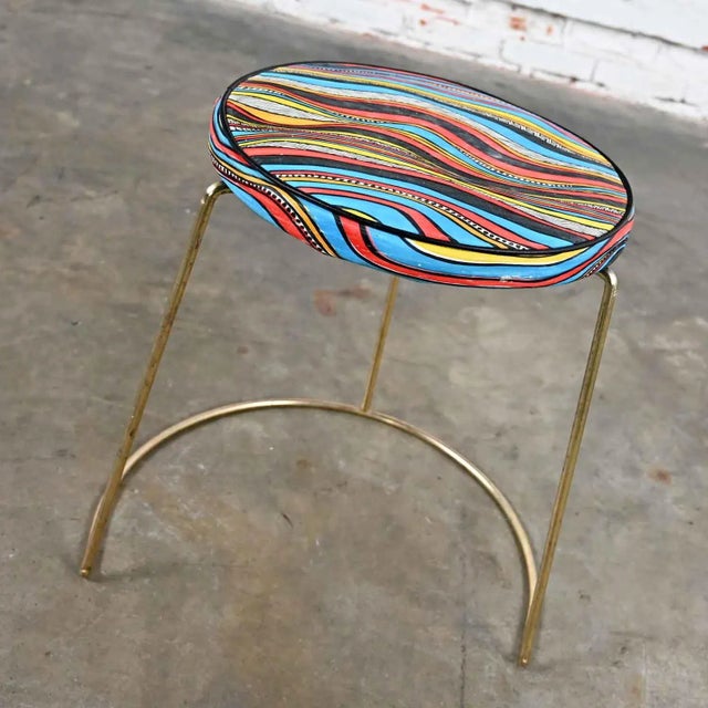 Vintage MCM Stool With Round Colorful Vinyl Seat & Brass Plated Steel Asymmetric Base For Sale - Image 4 of 13