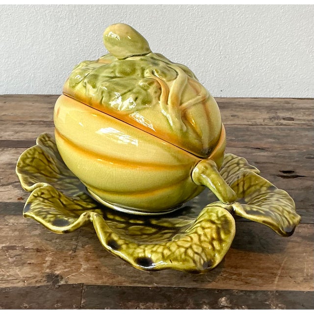 Mid 20th Century Vintage French Sarreguemines Glazed Ceramic Lidded Melon Bowl For Sale - Image 5 of 7