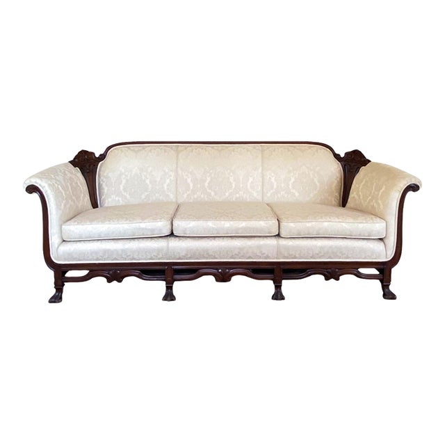 Antique Chippendale Style Victorian Sofa With Cream Damask Upholstery For Sale