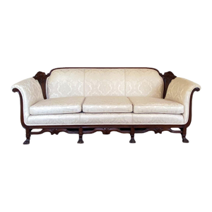 Antique Chippendale Style Victorian Sofa With Cream Damask Upholstery