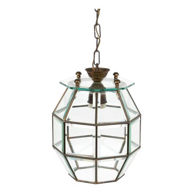Mid-Century Modern Pendant Light in Brass and Beveled Glass, Italy, 1950s For Sale