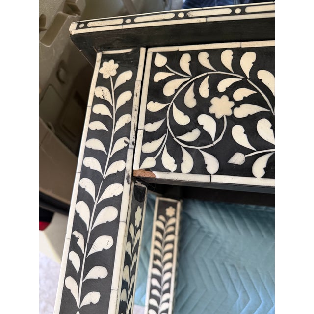 Aditya Handicrafts Indian Black & White Floral Bone Inlay Two-Drawer Console Table, 2021 For Sale - Image 11 of 12