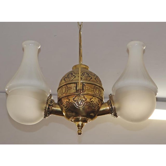 Late 19th Century 19th Century Angle Lamp Co. Double Angle Lamp Brass Kerosene Chandelier For Sale - Image 5 of 12