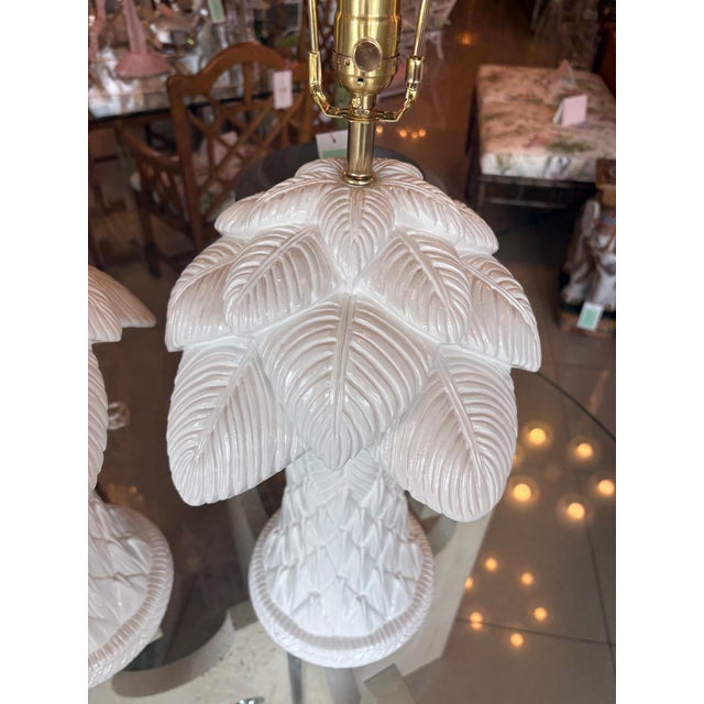 Vtg. Pair Plaster White Lacquered Palm Beach Tree Table Lamps Newly Wired Brass For Sale - Image 11 of 12