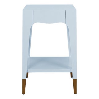 Matthew Izzo Home Patti Glossy Light Blue Lacquer One Drawer Side Table With Antique Brass Foot Caps For Sale