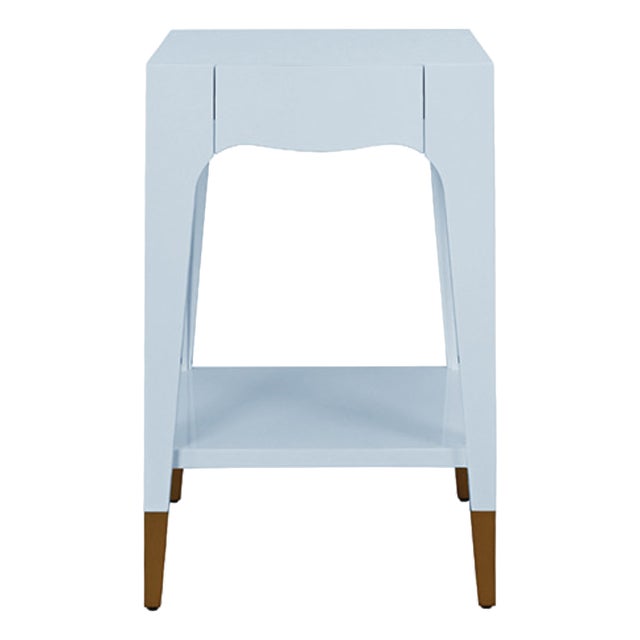 Matthew Izzo Home Patti Glossy Light Blue Lacquer One Drawer Side Table With Antique Brass Foot Caps For Sale