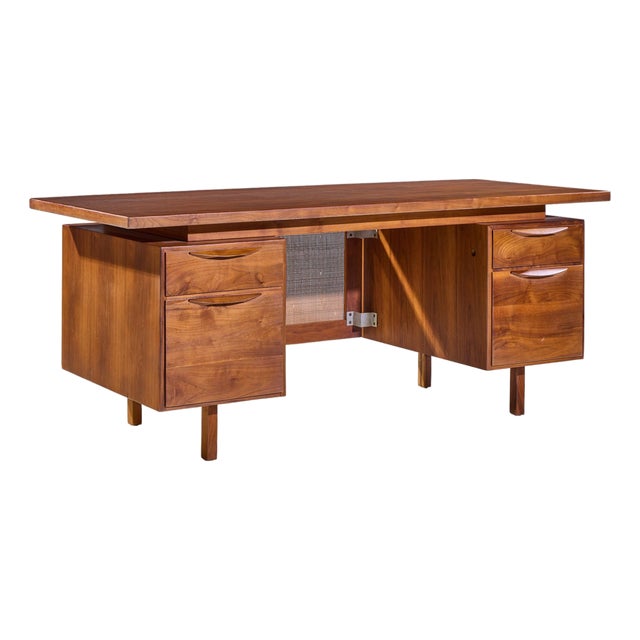 Jens Risom Mid Century Walnut and Cane Executive Desk For Sale