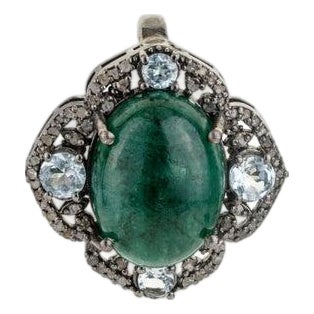 Victorian Style Halo Pendant With Emerald & Blue Topaz in Solid Silver For Sale
